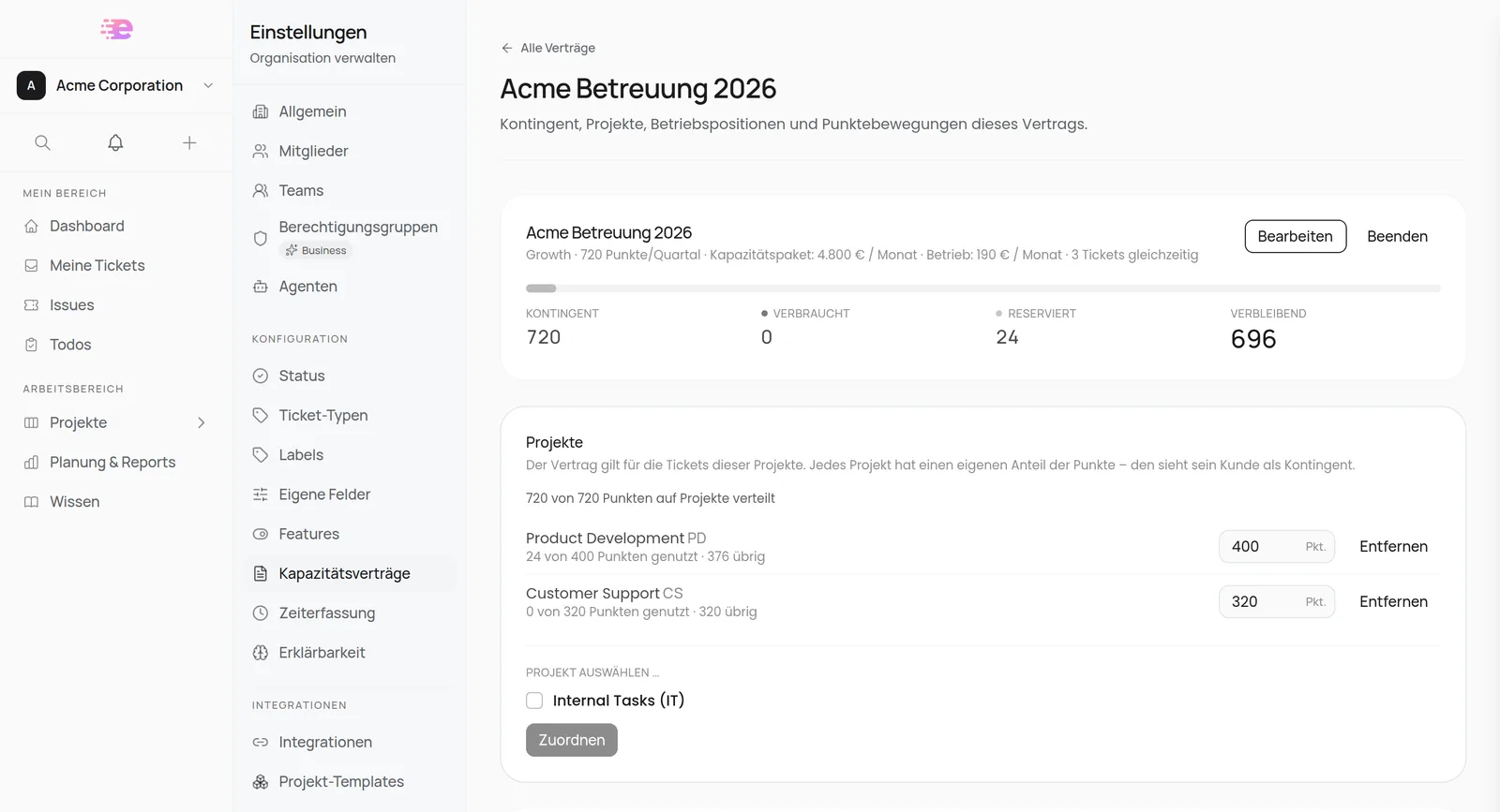Vertragsseite mit Punkte-Anteilen je Projekt