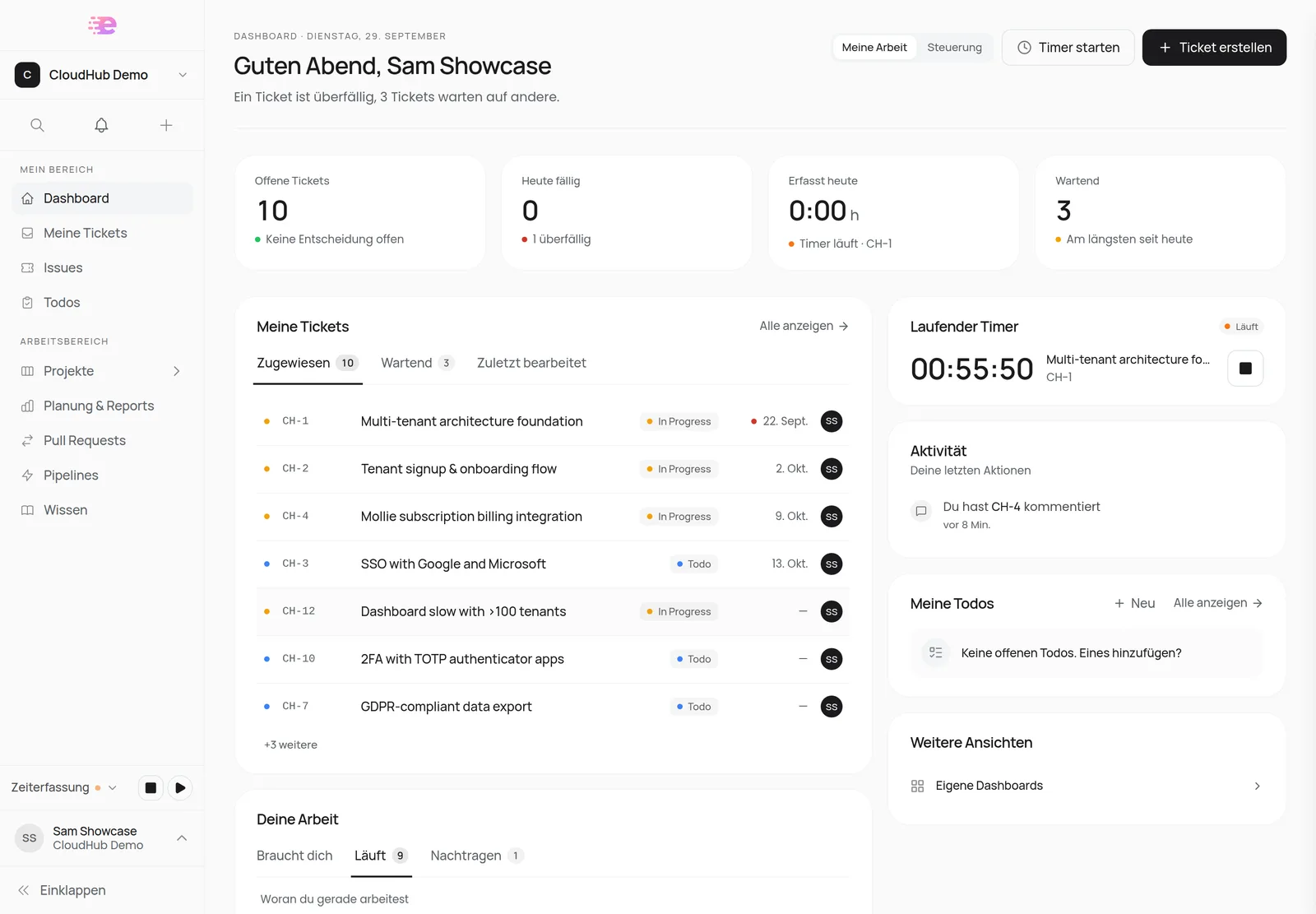 Das neue Dashboard mit Tagessatz, Kennzahlen, Meine Tickets und laufendem Timer