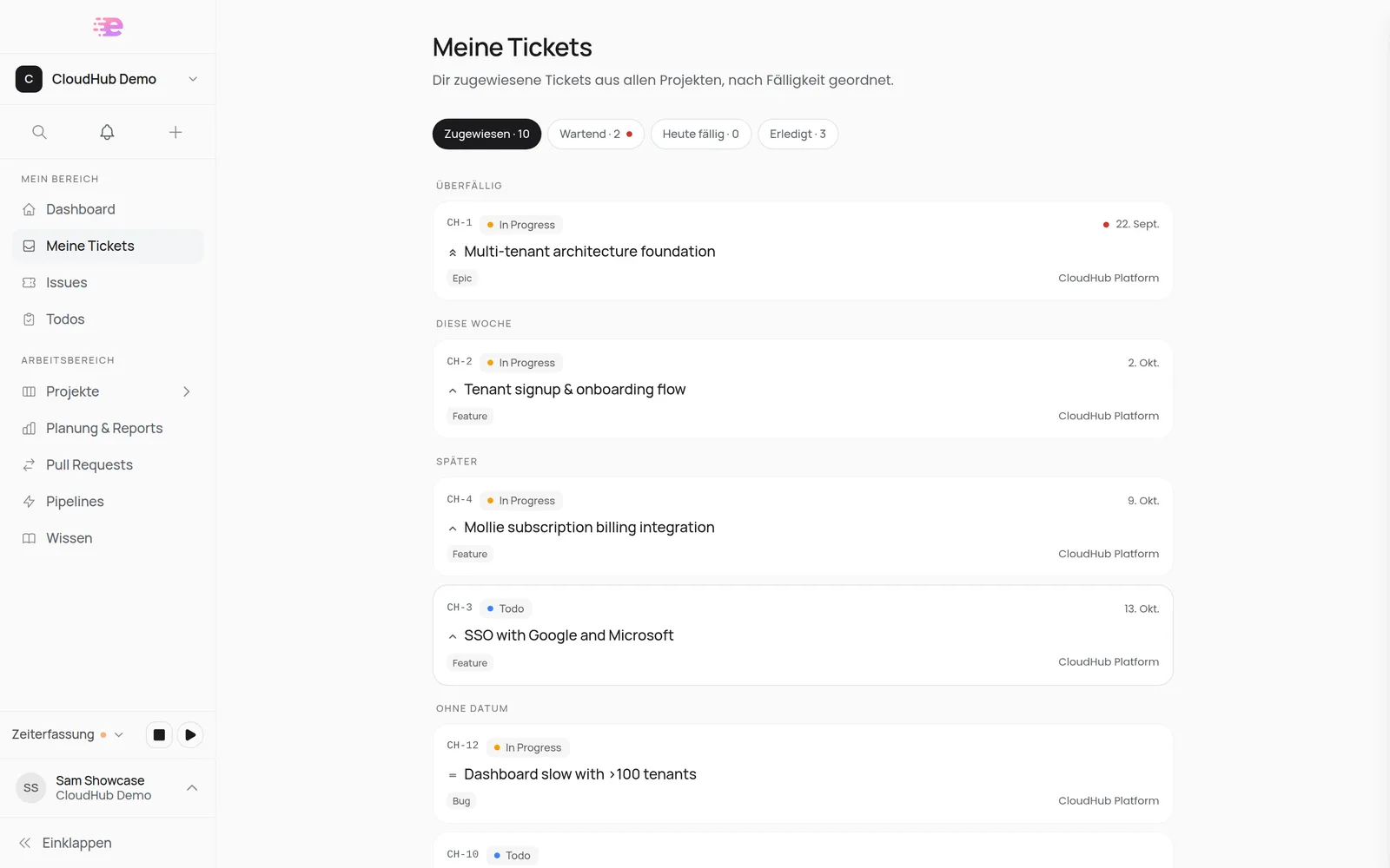 Die Seite Meine Tickets mit Filter-Chips und Gruppen nach Fälligkeit